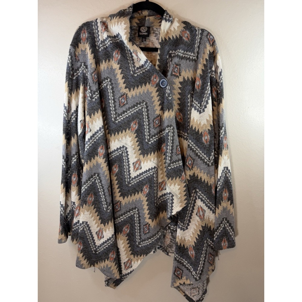 BOBEAU Plus Size Gray‎ Aztec Cardigan With Unique Closure Size 3X